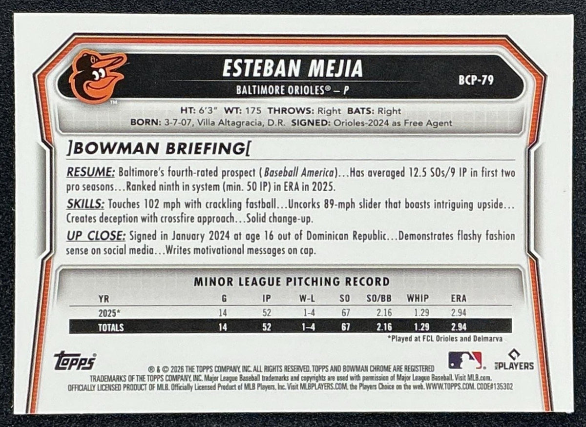 2026 Bowman Esteban Mejia #BCP-79 Chrome Fuchsia /199 1st Prospect