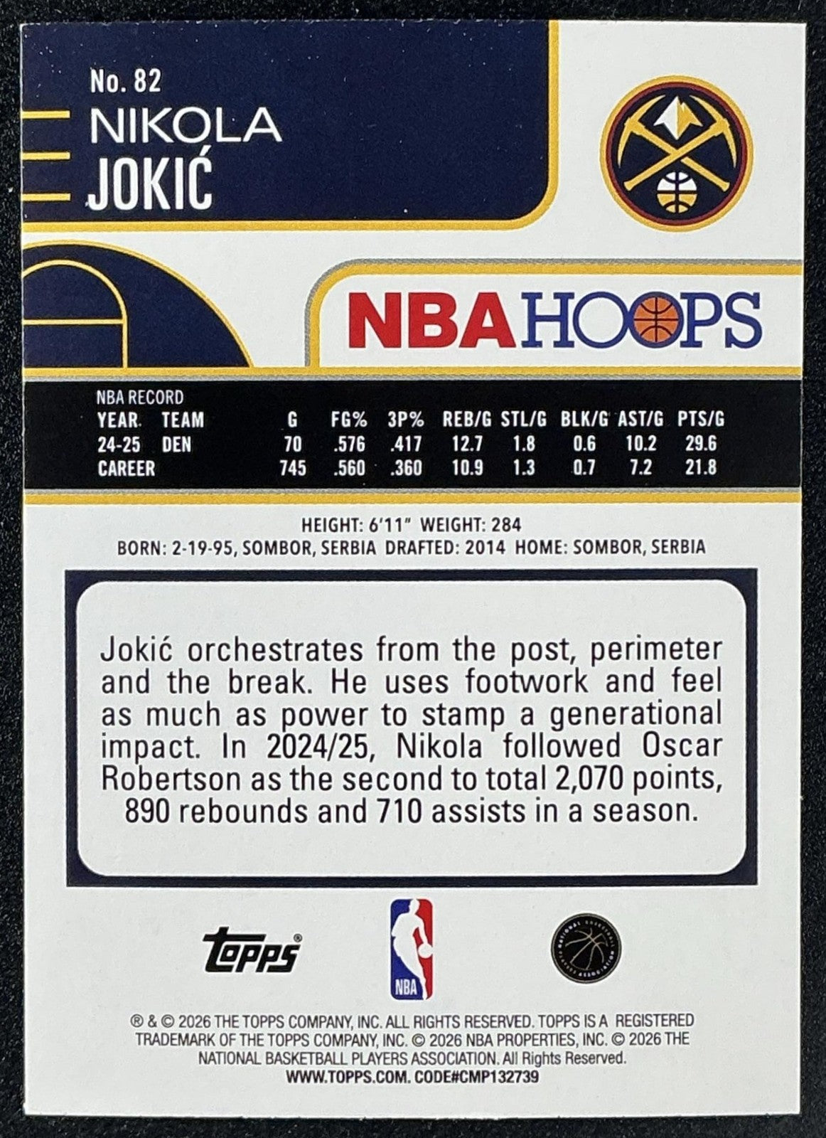 NIKOLA JOKIC 2025-26 TOPPS HOOPS #82 RAINBOW YELLOW FOIL 132/275 NUGGETS