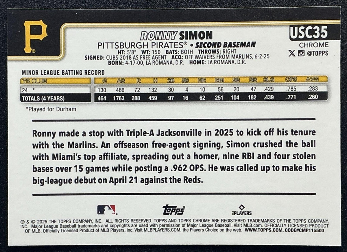 RONNY SIMON 2025 TOPPS CHROME UPDATE #USC35 GEOMETRIC REFRACTOR RC PIRATES
