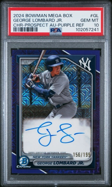 George Lombard Jr. 2024 Bowman Chrome Mega Box Prospect Auto Purple Refractor PSA 10 GEM MT