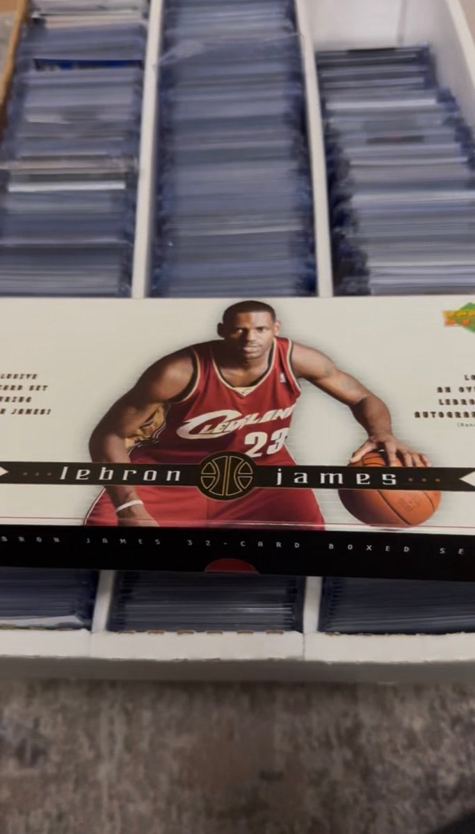 A LeBron James boxed set on organized rows of sleeved cards